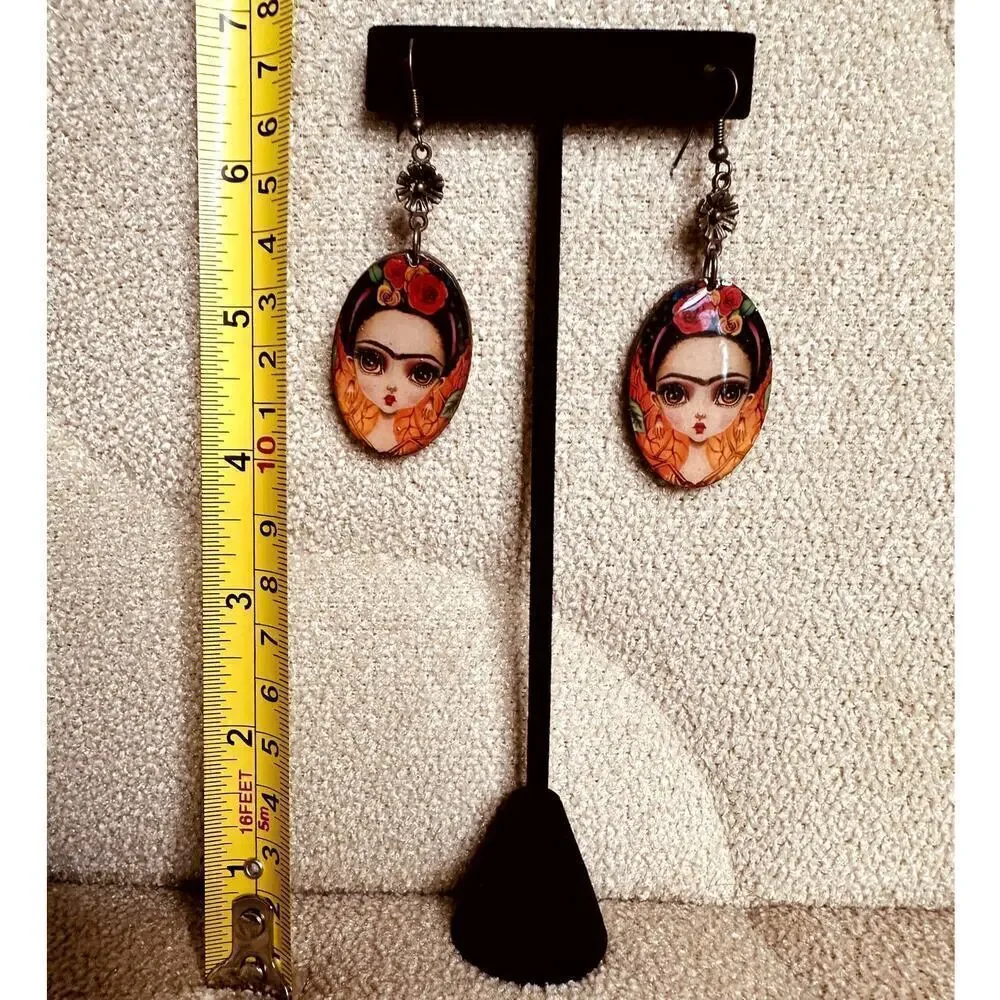 Frida Kahlo Red Orange Oval Wooden Lightweight Printed Earrings 1.5